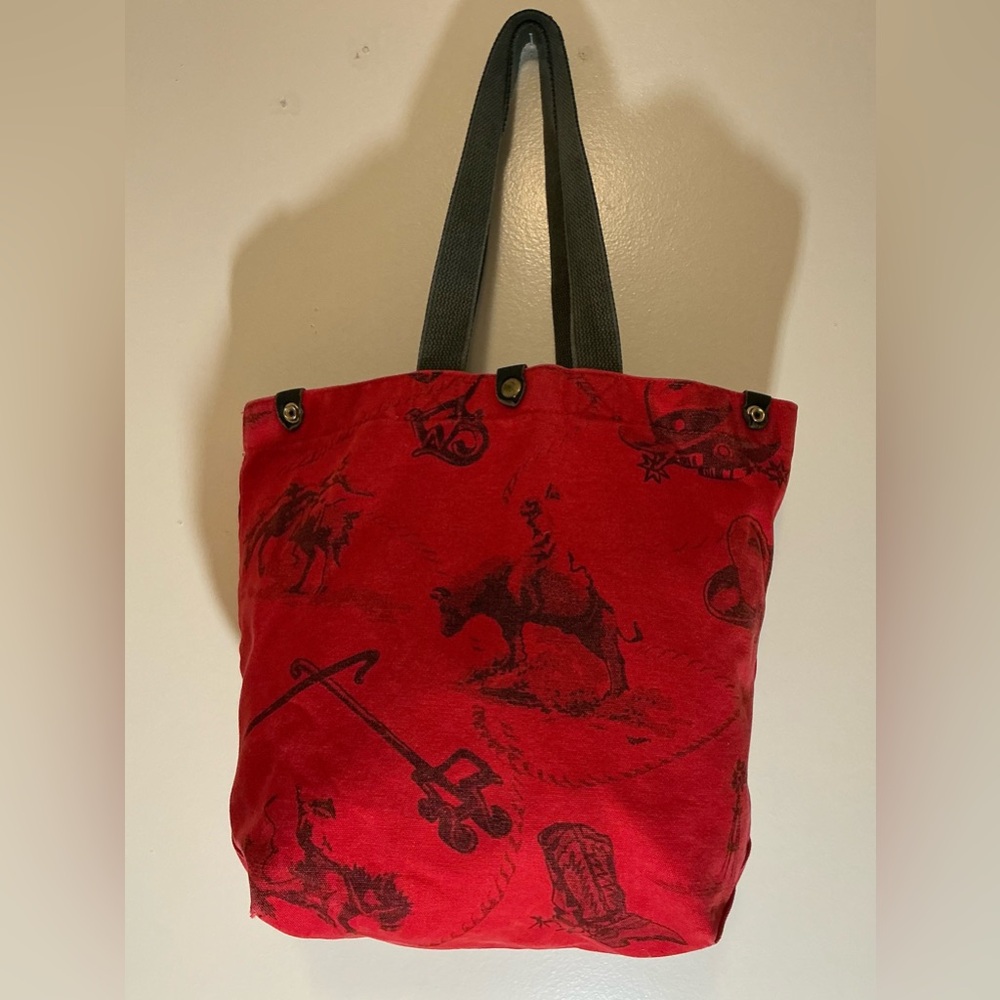 A Rare Vintage Indian Red Print Canvas Cotton Large Collins Of Texas Tote Bag